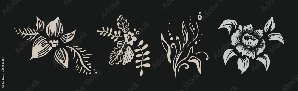 Sticker Blooming Flora with Flower Silhouette on Black Background Vector Set