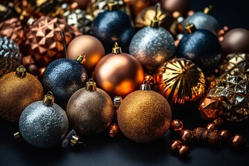 Christmas baubles with lights on dark background. Christmas decoration on the dark background. New Year and Christmas concept. Colorful christmas baubles hanging on a dark background.