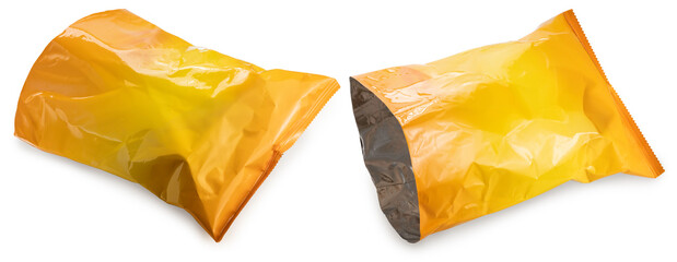 Empty Foil and plastic snack bags mockup isolated on white background, Yellowl pillow packages for...