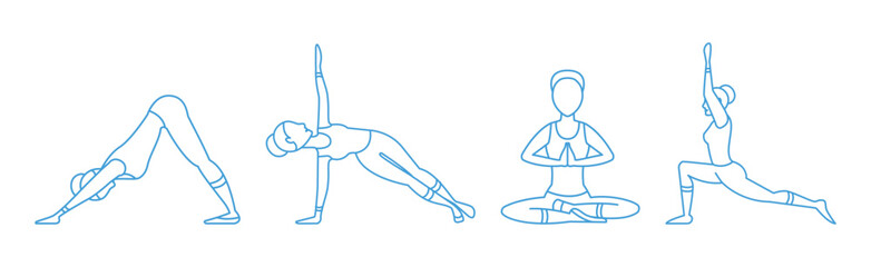 Woman Yoga Pose Line Icon for Body Stretching Exercises Vector Set - obrazy, fototapety, plakaty