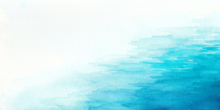 透明水彩で描いた夏の海の風景イラスト　手描き　水面