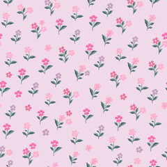 Pink, light pink and purple flowers on green stems with leaves. Seamless pattern.