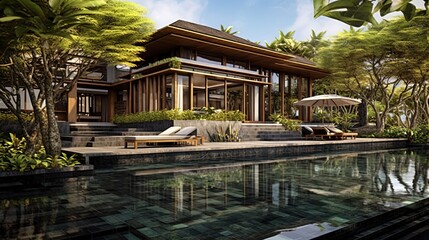 Villa in Bali, Indonesia, with a pool and forest view, generated by AI - obrazy, fototapety, plakaty