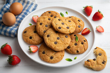 Homemade cookies made with flour, egg and chocolate chips