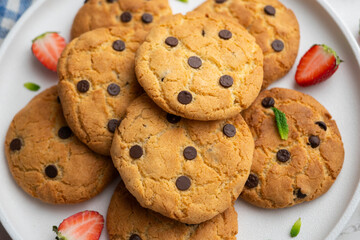 Homemade cookies made with flour, egg and chocolate chips