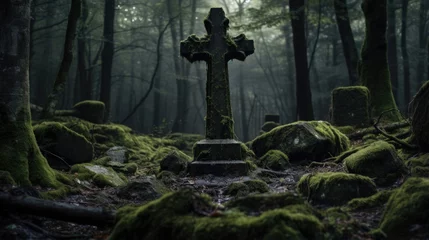 Keuken spatwand met foto Deep inside a dark and misty forest are old forgotten and overgrown graves with cross shaped headstones covered in green moss, weather worn and eroded, mysteriously isolated graveyard hidden away.  © SoulMyst