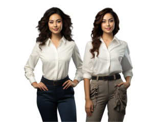 Portrait of White and Asian mix women, aged 30, Asian heritage, dressed in dark blue pants and a white blouse, Generative AI