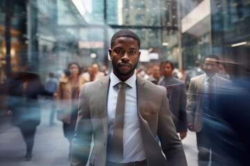 Black Businessman Walking in Modern City, Handsome Man Walks on a Crowded Pedestrian Street, African Manager Surrounded by Blur People on Busy Street. - obrazy, fototapety, plakaty