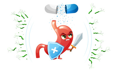 Cartoon stomach character with shield, sword and pill against helicobacter pylori bacteria