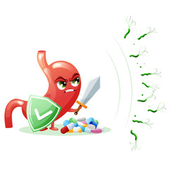 Cartoon stomach character with pills, shield and sword fighting against helicobacter pylori bacteria
