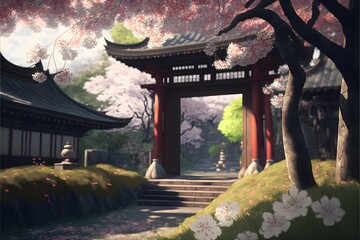 a lonely samurai meditating05 in a garden surrounded by cherry blossom trees3 cherry blossom leaves falling down in the wind peaceful beautiful insanely detailed and intricate hypermaximalist hyper 