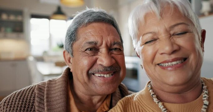 Face, happy and senior couple with heart hands for love, commitment and together in marriage. Smile, care and portrait of elderly man and woman with a gesture for trust with an emoji icon in a house