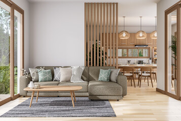 Modern contemporary living room with dining room and kitchen background 3d render - obrazy, fototapety, plakaty