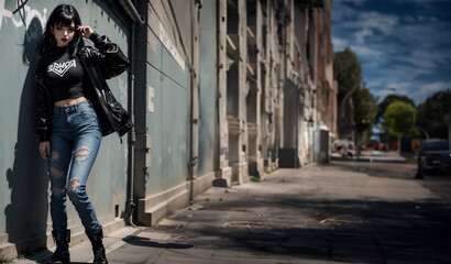 Outdoor portrait of young elegant stylish woman. Caucasian pretty girl with makeup and long hair walking.