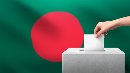 Woman puts ballot paper in voting box on BANGLADESH flag background. Election concept.