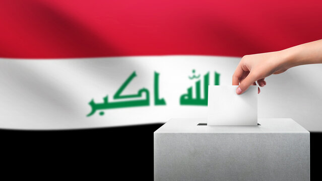 Woman puts ballot paper in voting box on IRAQ flag background. Election concept.