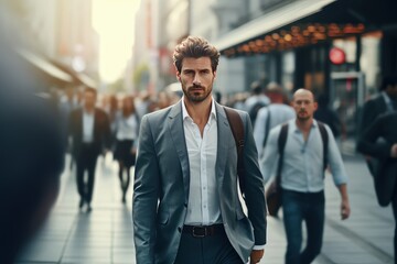 Fototapeta premium European Businessman Walking in Modern City, Handsome Manager Walks on a Crowded Pedestrian Street, Confident Male on Busy Street.