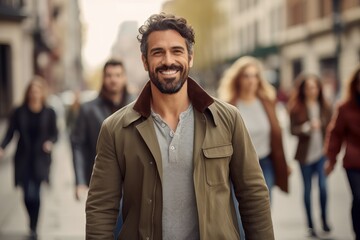 Naklejka premium Stylish Latin Man Walking in Modern City, Handsome Latin Guy Walks on a Crowded Pedestrian Street.