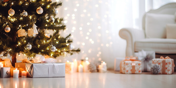 Gift boxes and christmas ball and branches on the white living room background