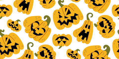 Background with a picture of scary pumpkins for Halloween. Vector cartoon seamless pumpkin lantern with black skull monster eyes and evil face carving, party trick or treat design. Party Texture