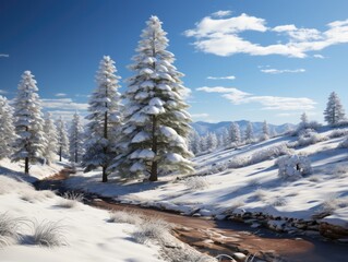 winter landscape trees and road in the snow on a background of blue sky. Beautiful winter landscape with snow covered fir trees in the mountains.