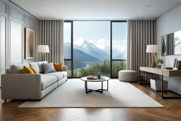 Fototapeta premium Monochrome living room with wood and grey tiling accents and chevron pattern rug