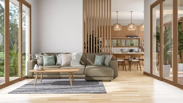 Animation of modern contemporary living room with dining room and kitchen background 3d render ,there are wooden floor decorated with fabric sofa ,large wood door overlooking nature view