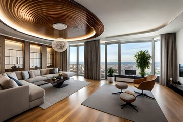 Full spherical seamless hdr panorama 360 degrees view in interior of modern flat apartment living room. - obrazy, fototapety, plakaty