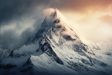 Mountain top covered with snow and shrouded in clouds at dawn - obrazy, fototapety, plakaty