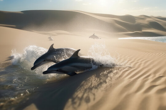 Dolphins jumping and swimming in the sand dunes of desert, Generative AI