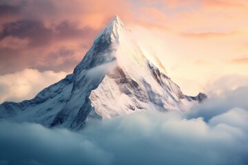 Mountain top covered with snow and shrouded in clouds at dawn - obrazy, fototapety, plakaty