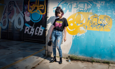 Obraz na płótnie Canvas Beautiful girl posing in front of graffiti wall. Beautiful girl on the street with graffiti walls.
