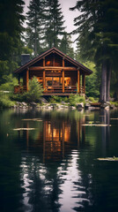 Fototapeta na wymiar Tranquil Lakeside Cabin, 9:16 format
