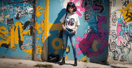 Beautiful girl posing in front of graffiti wall. Beautiful girl on the street with graffiti walls.