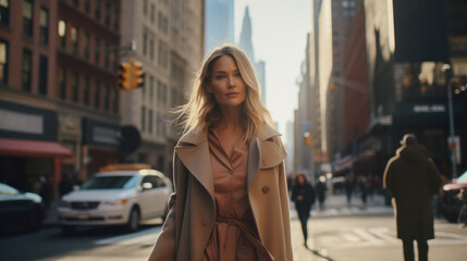 Fototapeta premium Outdoor autumn portrait of young elegant fashionable woman wearing camel color coat walking in street of European city. Copy space