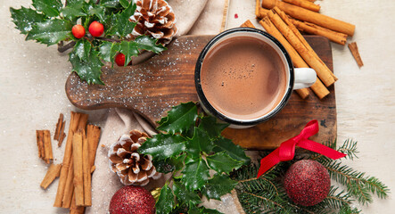 Winter cozy Christmas vintage background. The cup of cacao. Christmas atmosphere.