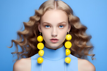 Colorful studio portrait of a cool teenager girl with age specific outfit and accessories. Bold, vibrant and minimalist. Generative AI