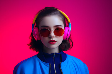 Colorful studio portrait of a cool teenager girl with age specific outfit and accessories. Bold, vibrant and minimalist. Generative AI