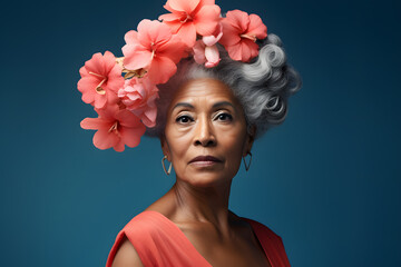 Colorful studio portrait of a middle-aged pacific islander woman with a flower in her hair, pink and blue. Generative AI