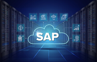 SAP Cloud Server System Software Automation - Enterprise Resource Planning (ERP) construction concept on virtual screen.