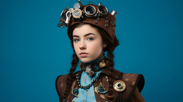 Colorful studio portrait of a teenager girl with steampunk outfit and accessories. Bold, vibrant and minimalist. Generative AI - Powered by Adobe
