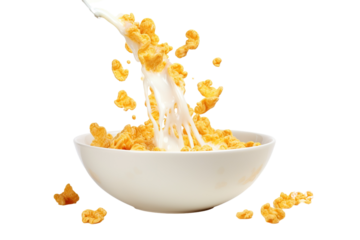 Corn flakes and milk dropping into bowl on a white background studio shot