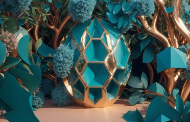 3D Render of a fantasy forest with unique geometric shapes integrated organically into the bush flora