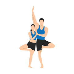 Young sporty couple smiling happy. Standing with smile on face practicing yoga doing tree pose. Couple Vrksasana. Flat vector illustration isolated on white background