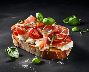 Crusty white bread sandwich with jamon serrano and basil close-up on neutral background. - obrazy, fototapety, plakaty
