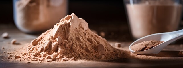A detailed closeup image showcasing a whey protein powder, emphasizing the texture and color of the supplement, typically used for muscle recovery and growth. - obrazy, fototapety, plakaty
