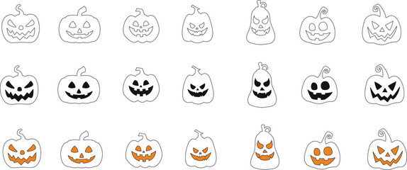 Halloween Pumpkin vector Illustration, Collection of Unique, Jack o lantern Faces Black and White, Orange Shading, Scary, Happy, Silly, Angry isolated on White Background