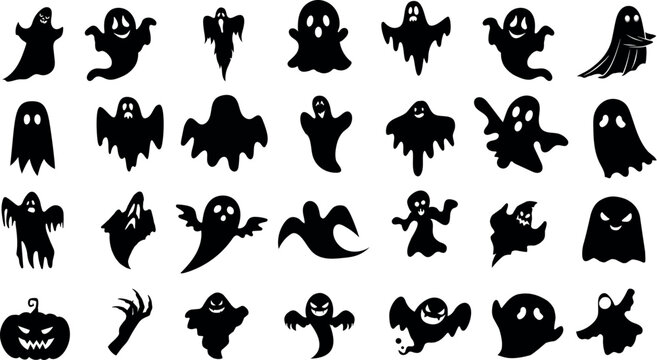 halloween ghost vector illustration featuring a set of unique silhouettes of ghost designs. Perfect for Halloween, this set includes traditional and abstract ghost, pumpkins and skeleton hands