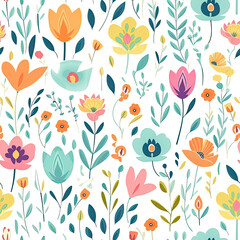 Fototapeta na wymiar Flowers spring colour palette seamless pattern, AI Generated