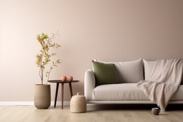 Interior design of living room with copy space, beige sofa, side table, leaf in vase, pouf, elegant accessories and boucle rug. Beige wall. Minimalist home decor. generative ai.